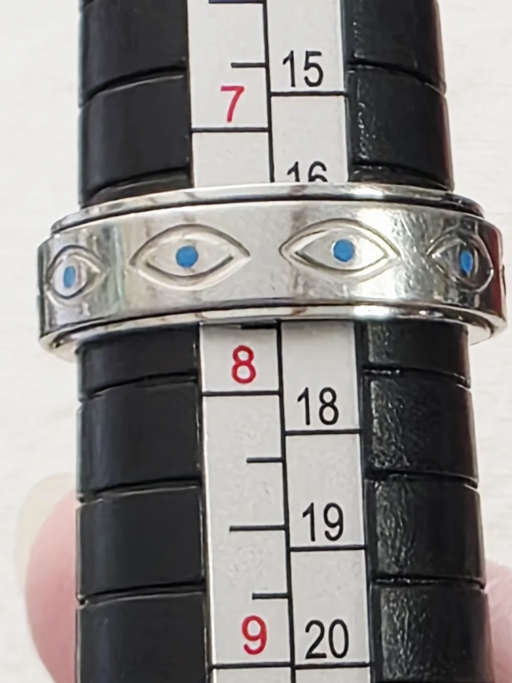 Silver Evil Eye Fidget Band Ring with Blue Accents Spinner 7.75